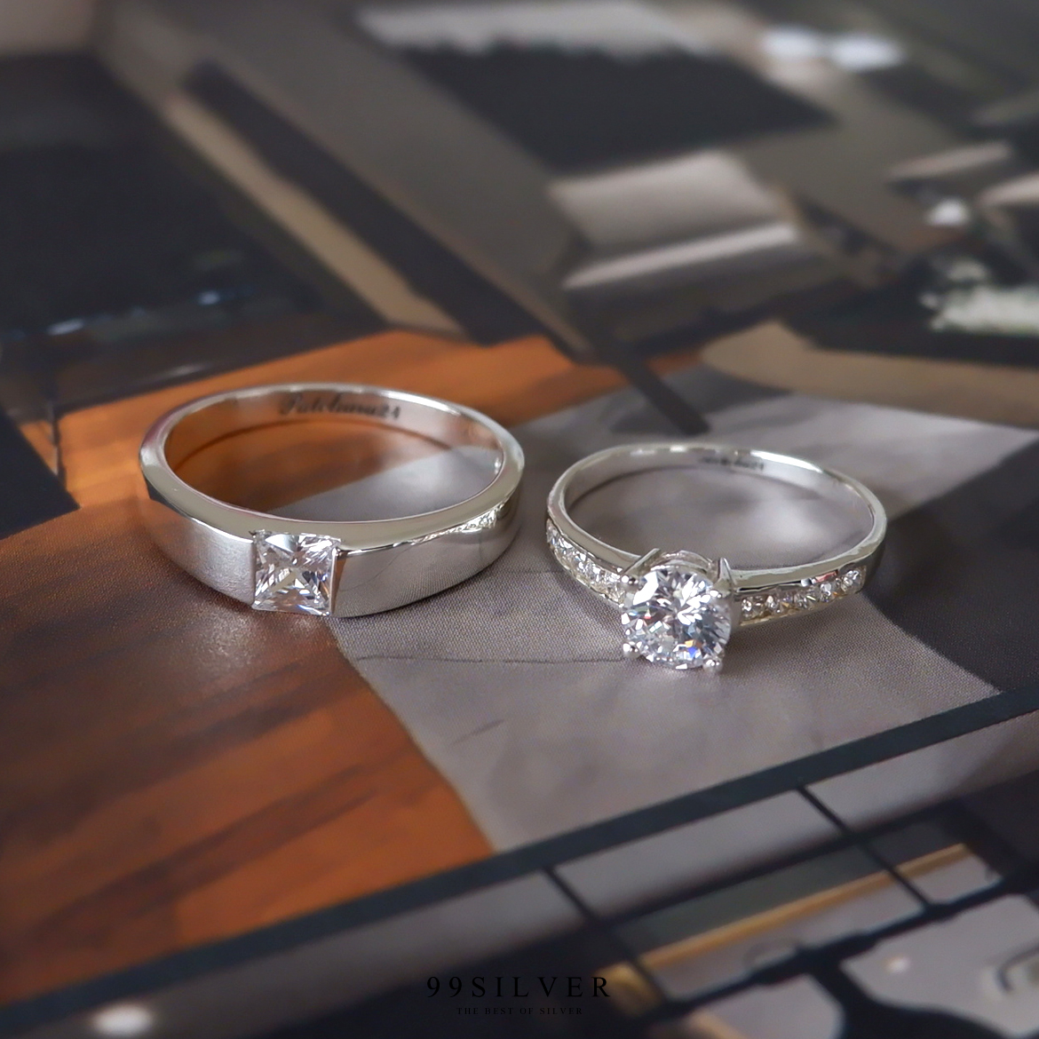แหวนคู่รัก เพชรเม็ดเหลี่ยม Diamond Cut และเพชรชู 5 มิลลิเมตร