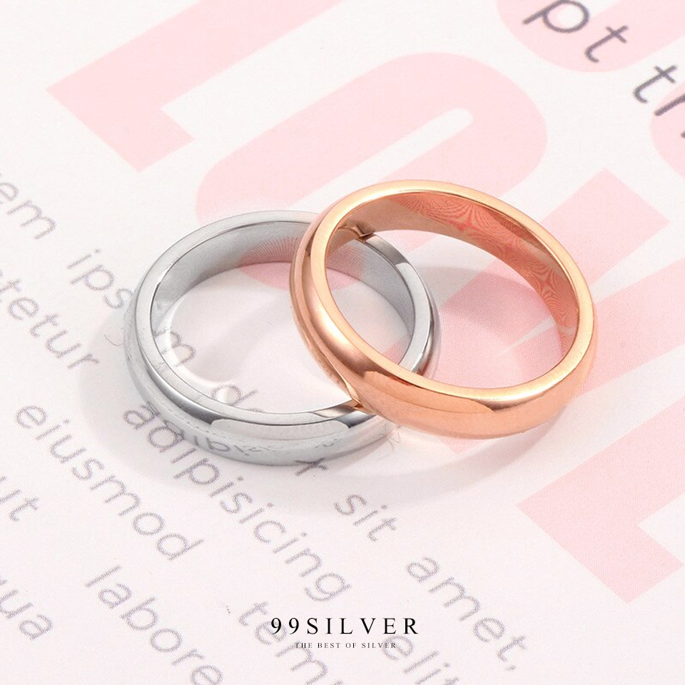 แหวนคู่รักสแตนเลส สีเงินและพิงค์โกล หน้ากว้าง 4 มิลลิเมตร ผิวเงาทรงโค้ง