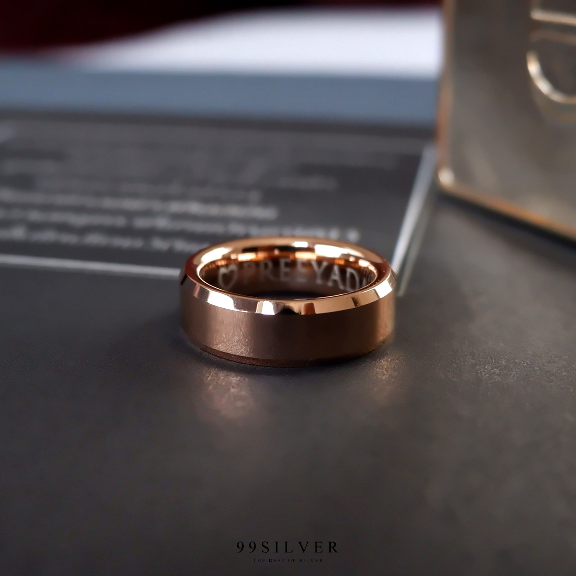 แหวน Tungsten แท้หน้ากว้าง 6 มิลลิเมตร ขอบลดมุมตัดสวยงาม เคลือบพิ้งค์โกล