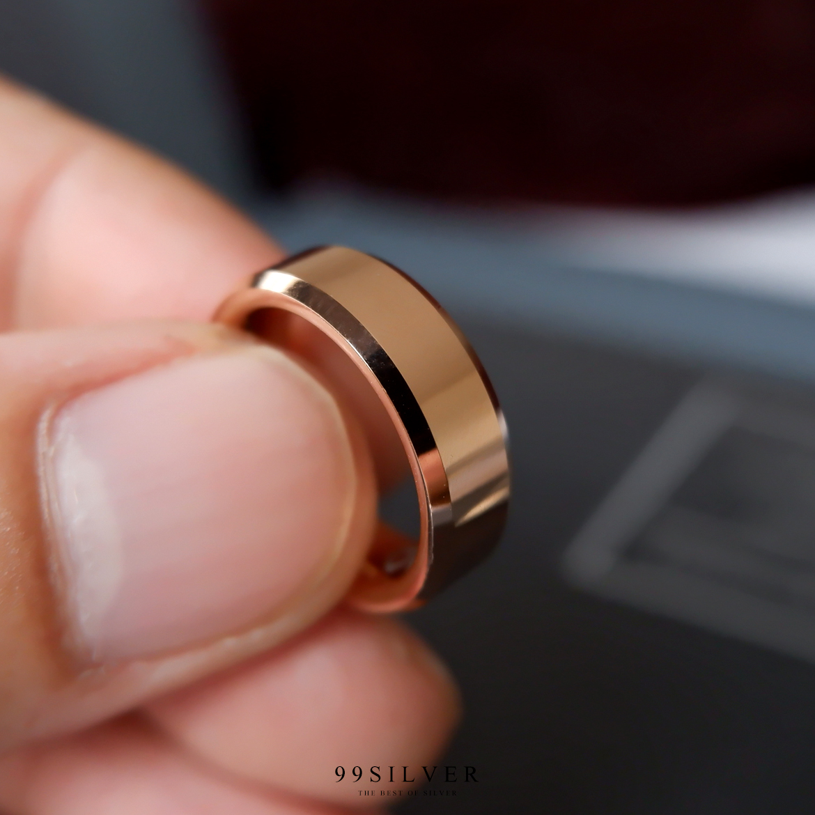 แหวน Tungsten แท้หน้ากว้าง 6 มิลลิเมตร ขอบลดมุมตัดสวยงาม เคลือบพิ้งค์โกล