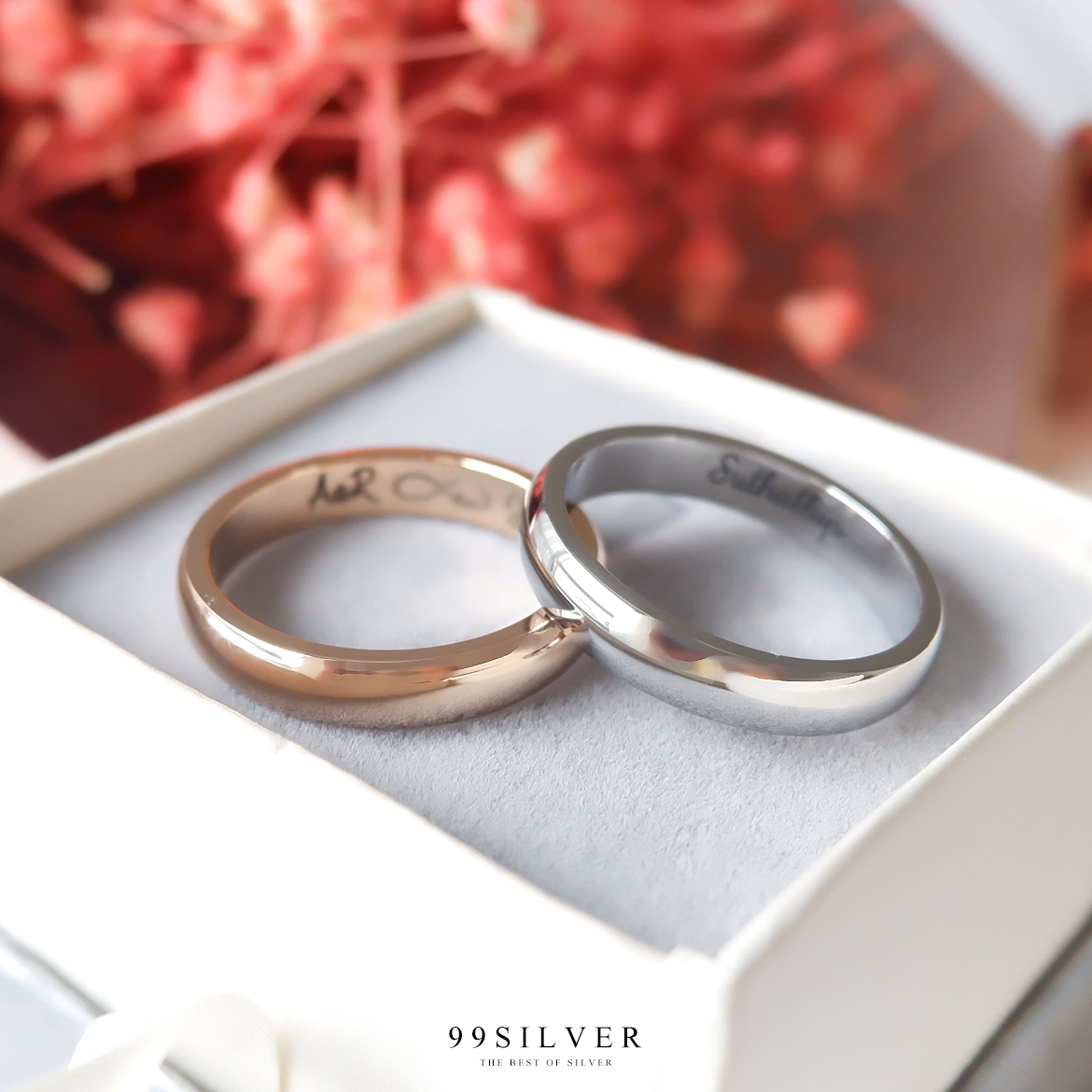 แหวนคู่รักสแตนเลส สีเงินและพิงค์โกล หน้ากว้าง 4 มิลลิเมตร ผิวเงาทรงโค้ง