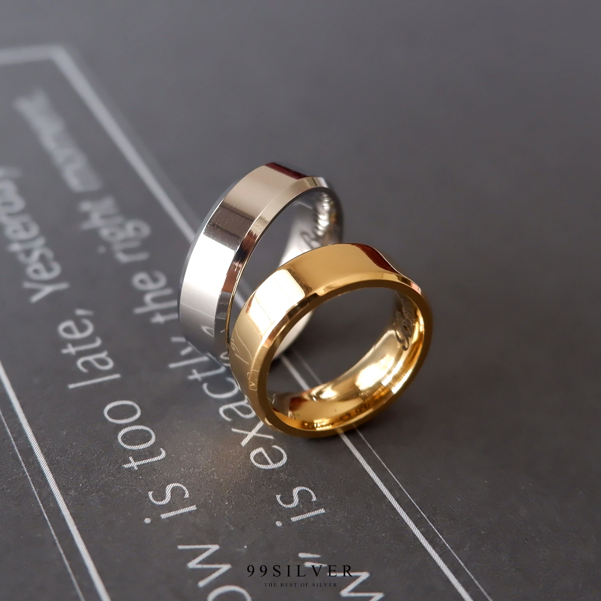 แหวนคู่ สแตนเลสแท้หน้ากว้าง 6 มิลลิเมตร ขอบลดมุมตัด เรือนเงินและทอง