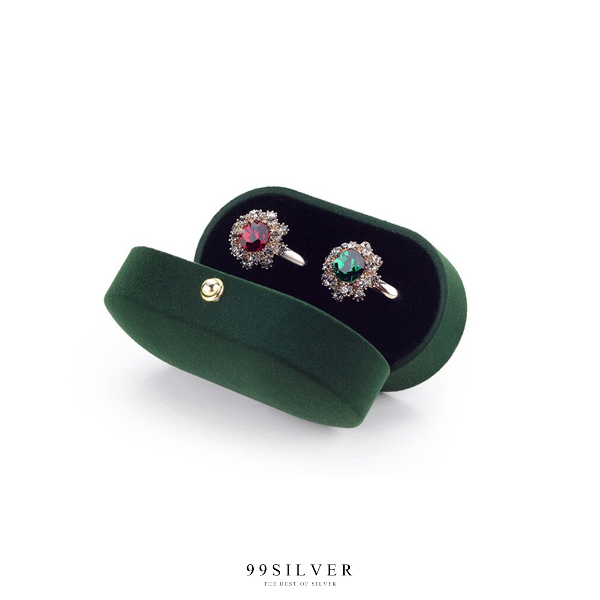 กล่องใส่แหวนกำมะหยี่สีเขียวทรงโค้งยาว ฝาแข็ง ใส่แหวนได้ 2 วงเรียบหรูคลาสสิค